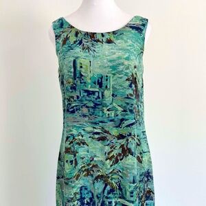 100% SILK MAXI DRESS SUMMER BEACHY VACATION PAINTED RESORTWEAR TROPICAL ABSTRACT